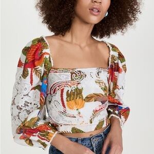 FARM Rio Forest Birds Embroidered Smocked Blouse